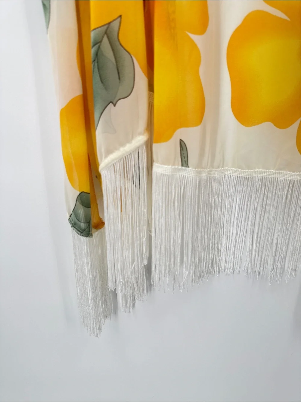 Sheer Floral Kimono Cover Up Yellow Orange Boho Fringe Hem Lightweight Summer - Picture 3 of 8